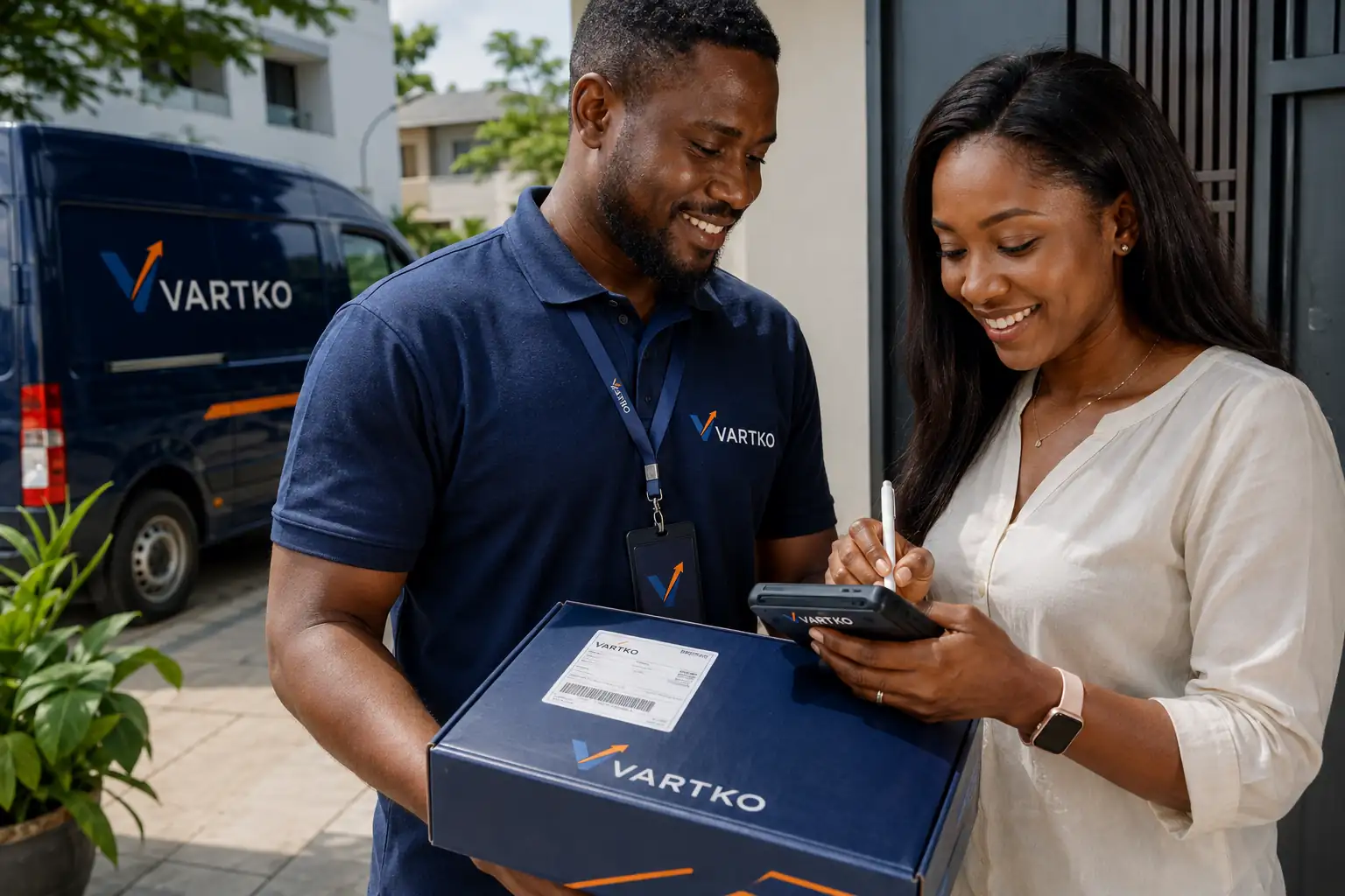 A VARTKO courier handing a parcel to a customer, who signs for it on a tablet